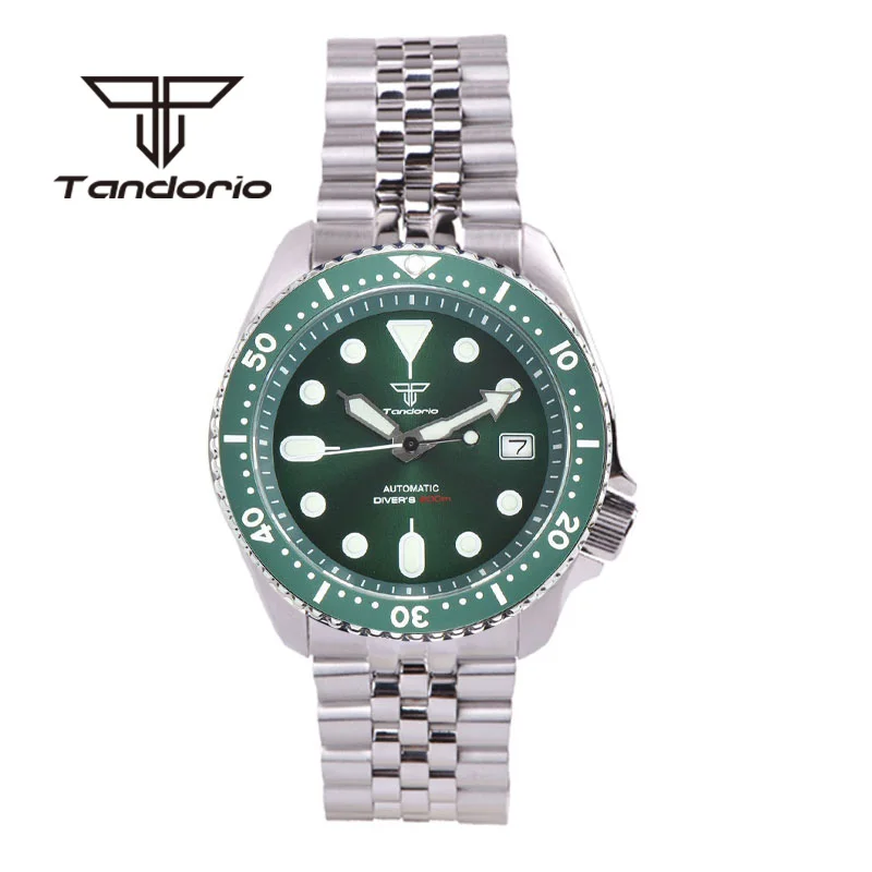 Tandorio 41mm skx007 NH35A 20bar Automatic Dive Watch for Men Bracelet 3.8 Crown Sapphire Crystal Green Luminous Date