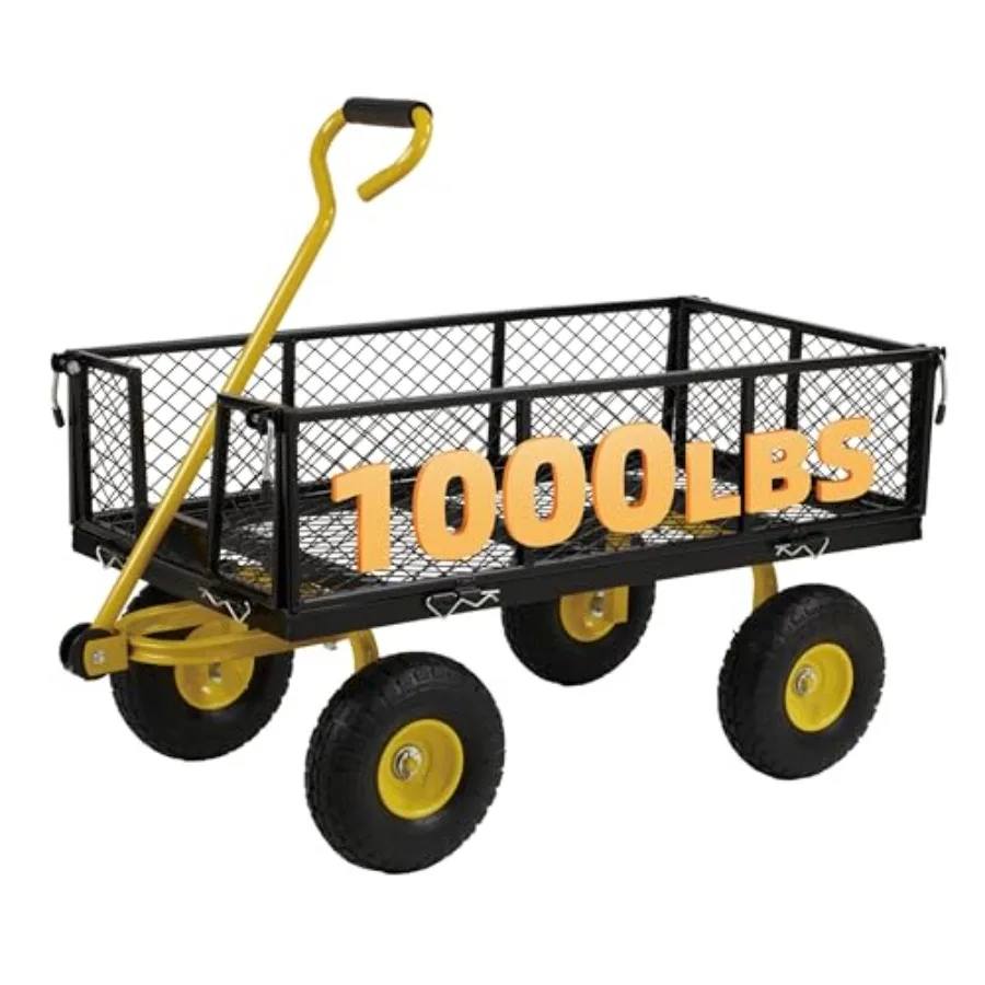 

Усиленная садовая тележка-вагонетка из стальной сетки, желтая, грузоподъемность 450 кг, с откидной рамой и съемными бортиками, для улицы и двора