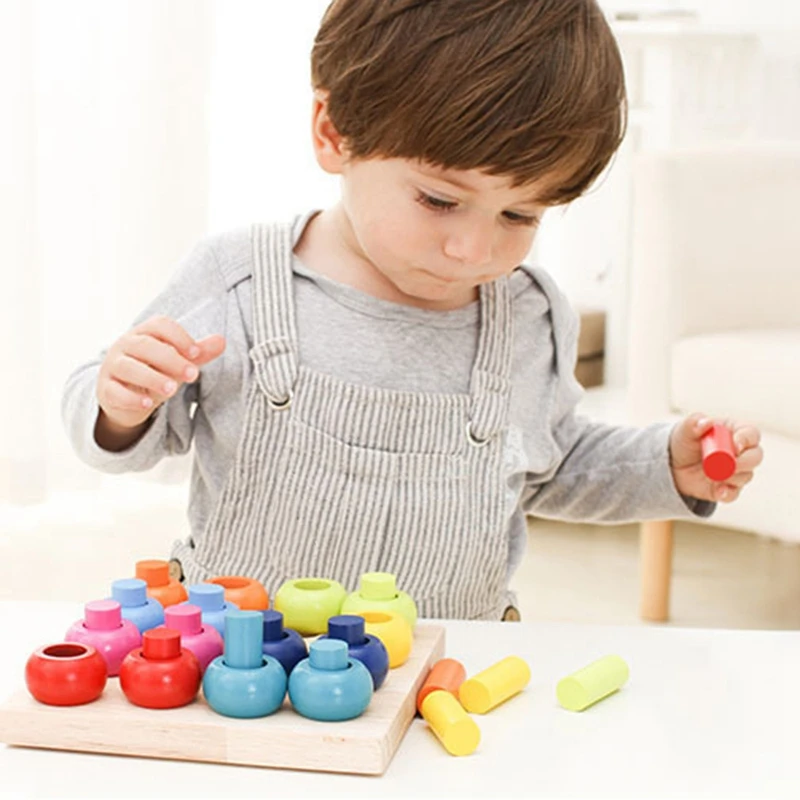 Wooden Color Sorting Stacking Rings Board Educational Learning Counting Toys Puzzle Games For Preschool Kids Toddlers