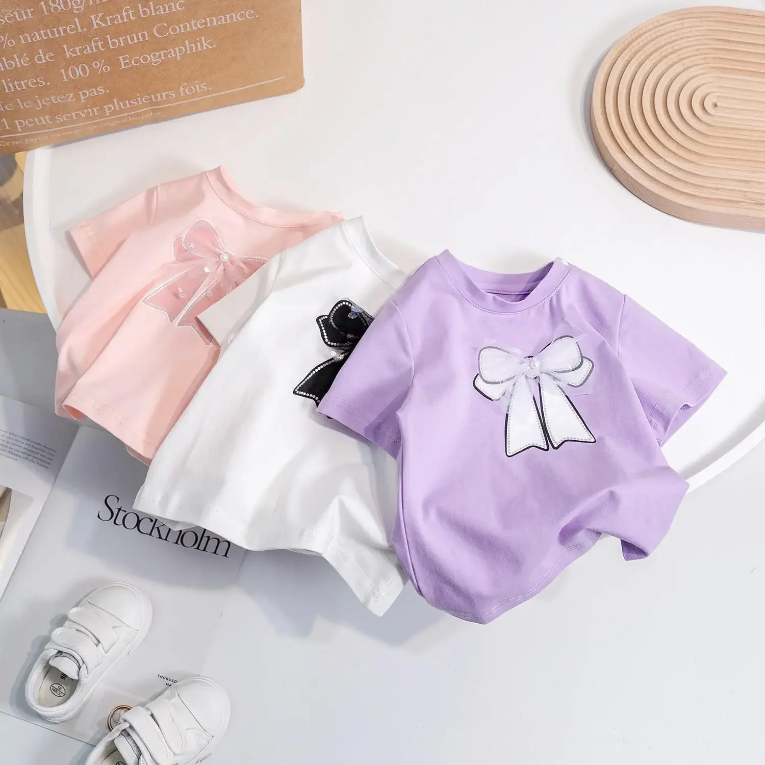 2024 Summer Baby Girls Short Sleeved T-Shirt Kids Top Tees Toddler Fashion Bowtie Pullover Children\'s Candy Color Clothing