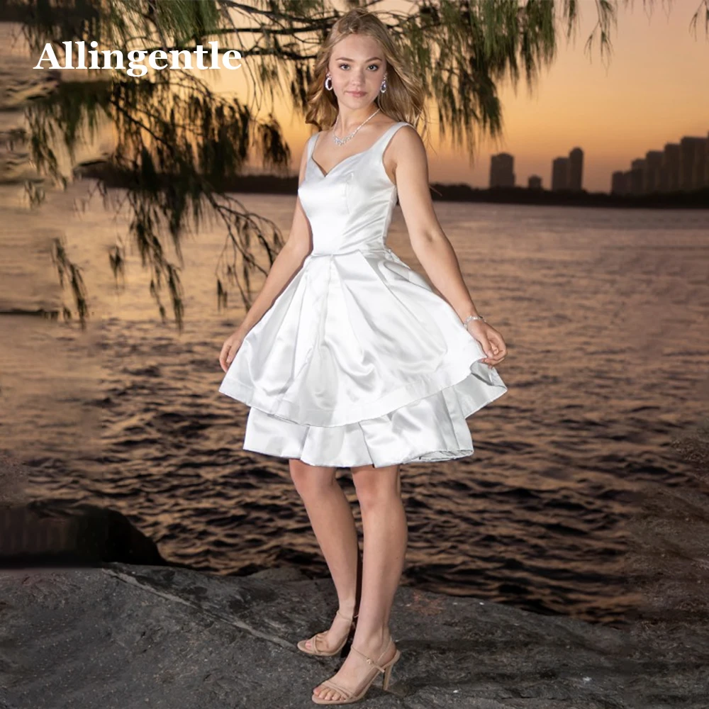 

Allingentle Simple V-Neck Homecoming Dresses for Teens 2024 Spaghetti-Straps Layered A-Line Short Cocktail Gown Vestidos De Gala