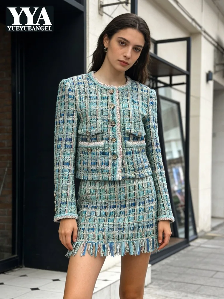 Elegant Office Lady Retro French Style Slim Fit Single Breasted Tweed Short Jacket High Waist A Line Tassel Skirt Two Piece Set