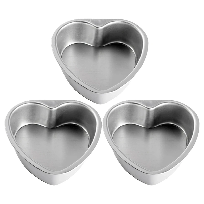 3 Pack Aluminum Heart Shaped Non-Stick Cake Pan Set Diy Baking Mold Tool With Removable Bottom - 4 Inch