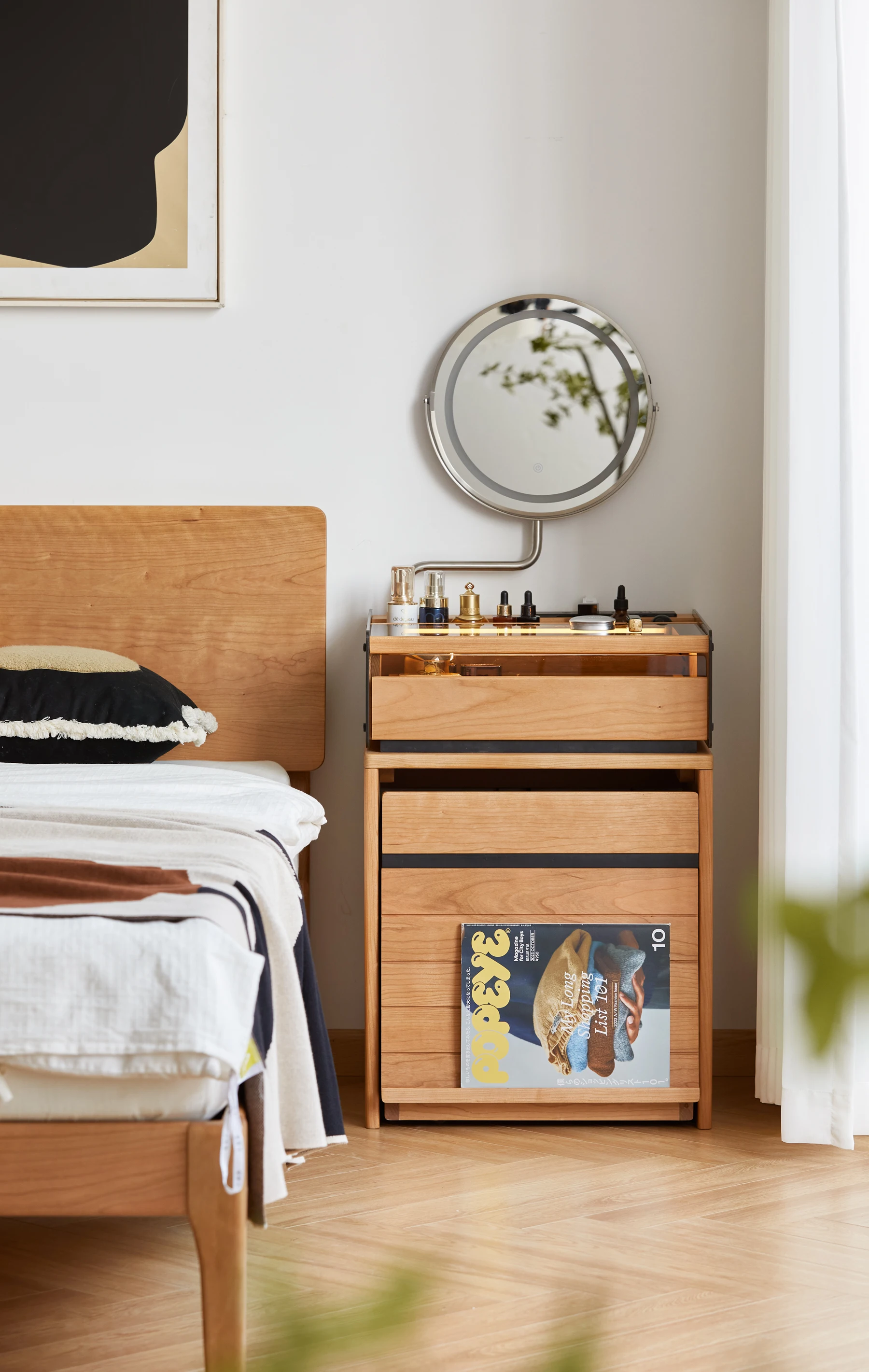 Modern Wood Dresser with Chair Adjustable Light Emitting Diode Mirror Dresser with Light