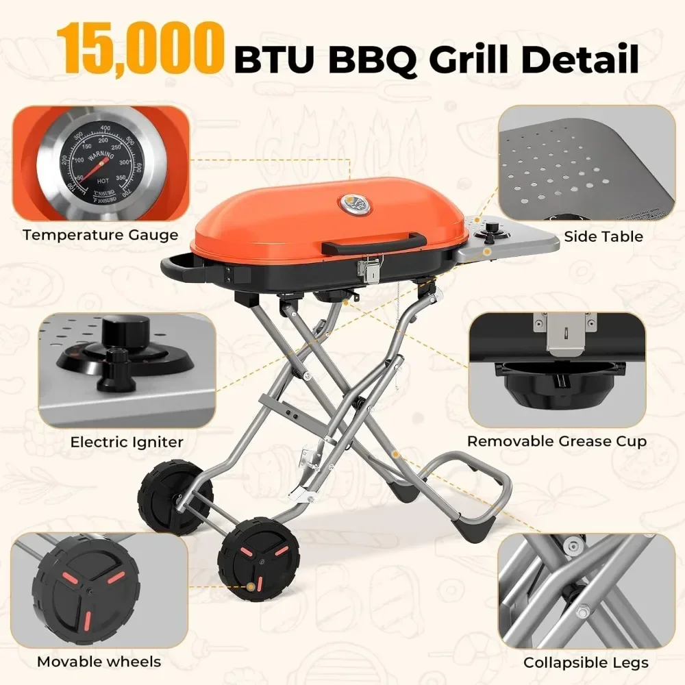 15,000 BTU BBQ Grill with Top Cover Lid,Folding Legs & 2 Wheels, 406 sq.in. Grilling Areas, Built-in Thermometer