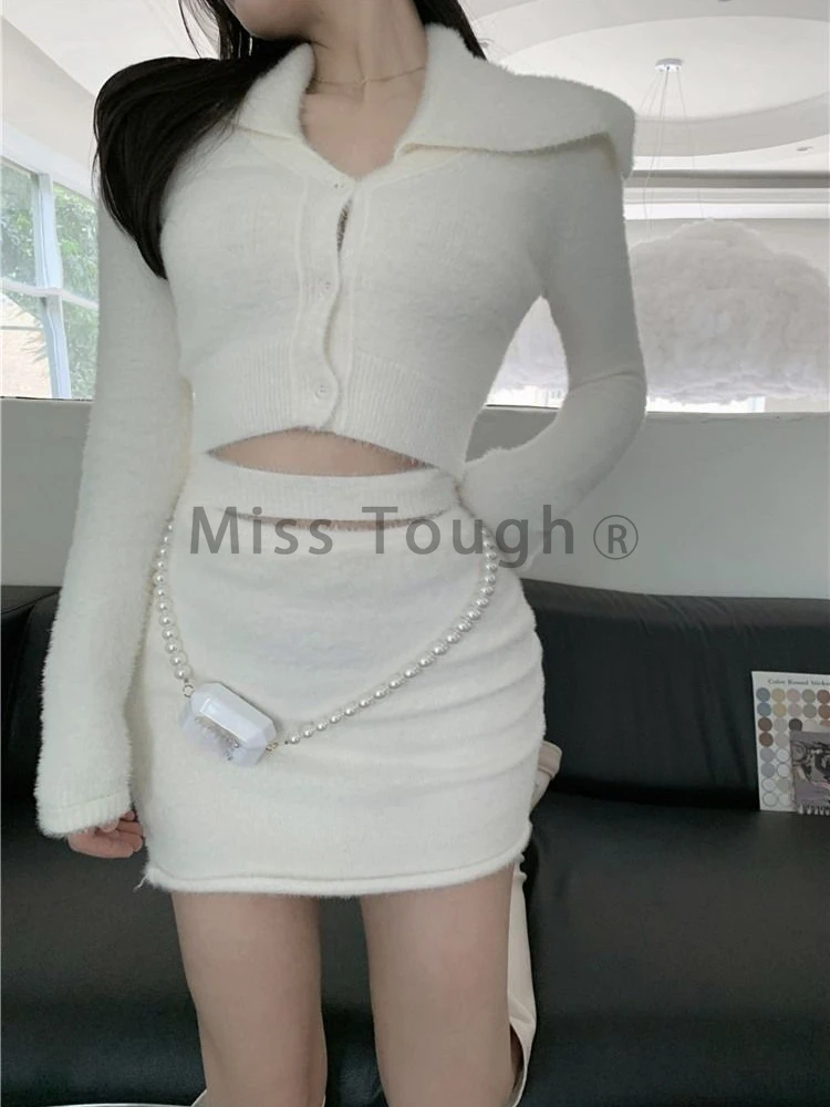 Winter Vintage Knitted Two Piece Set Women Patchwork Party Mini Skirt Suit Female Casual Korean Fashion Sweet Sweater Set 2023