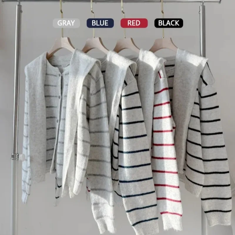 Damski sweter dziergany, elegancki, jesienno-zimowy, nowy, w paski, długi rękaw, okrągły dekolt, zapinany na jeden guzik, rozpinany kardigan, odkryte ramiona...