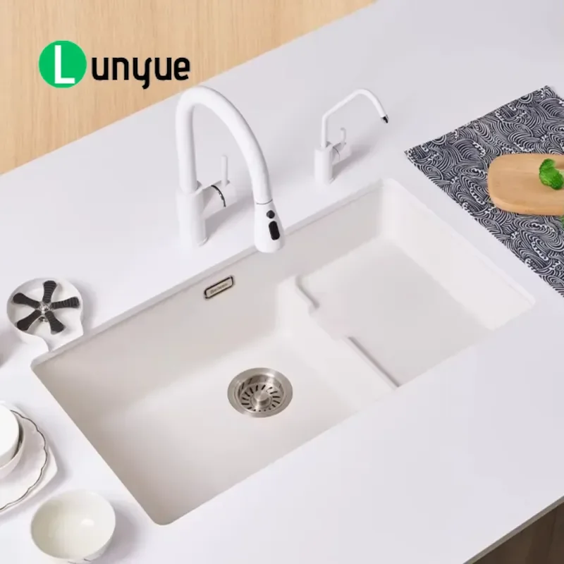 White Composite Granite Quartz Stone Kitchen Sink Single Bowl Undermount Basin for Modern Home Cabinet Installation Durable