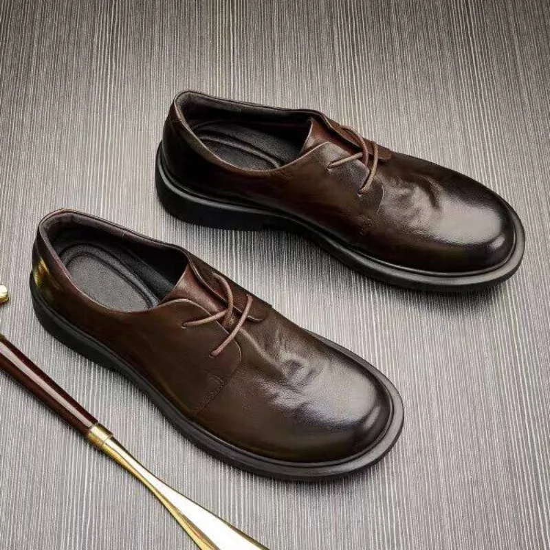 DOYUTIG Brand Men's Split Leather Shoes 2026 spring Breathable New Business Low Top Casual Leather Shoes Round Toe Lace Up Shoes