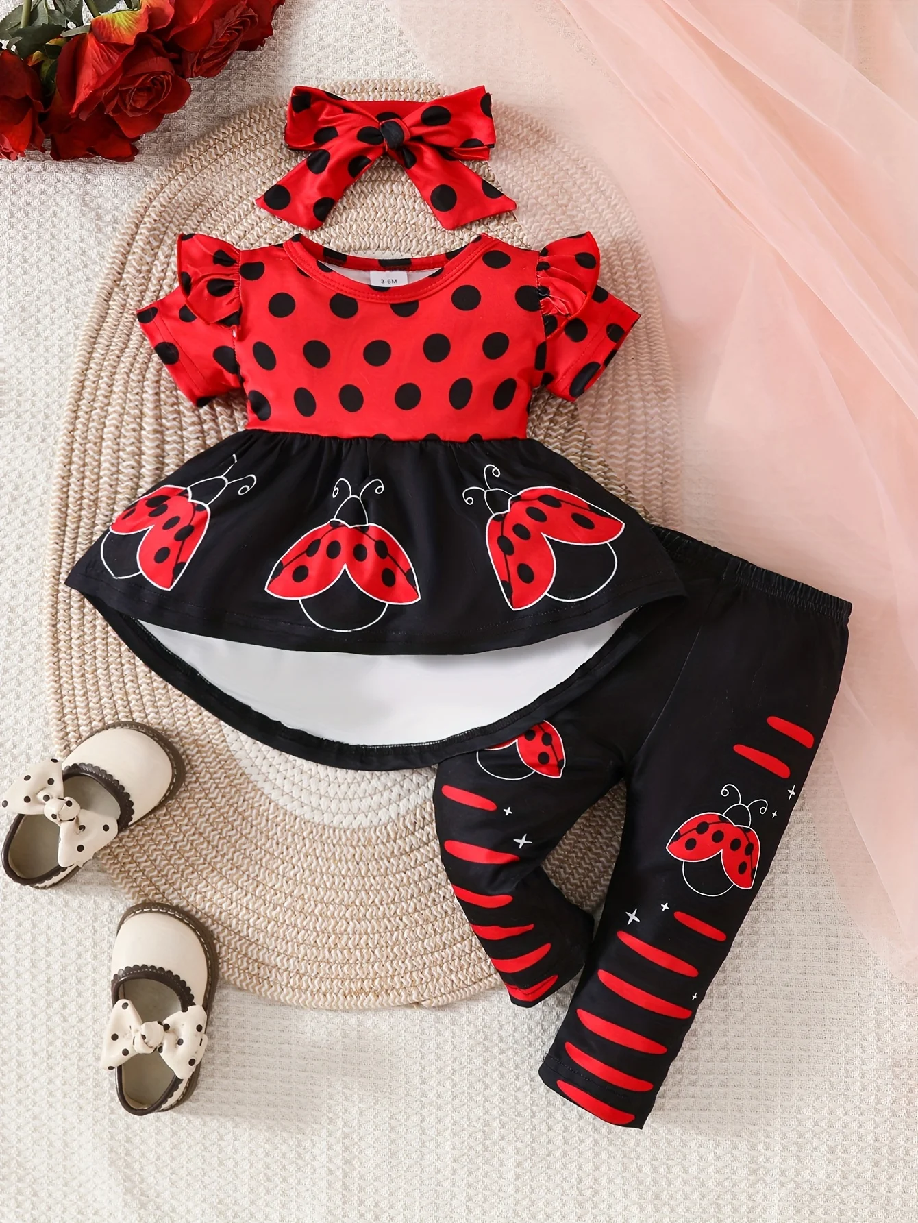 

Toddler Infant Baby Girl Spring Summer Outfit Set - Polka Dot Short Sleeve Shirt + Ladybug Pattern Pants