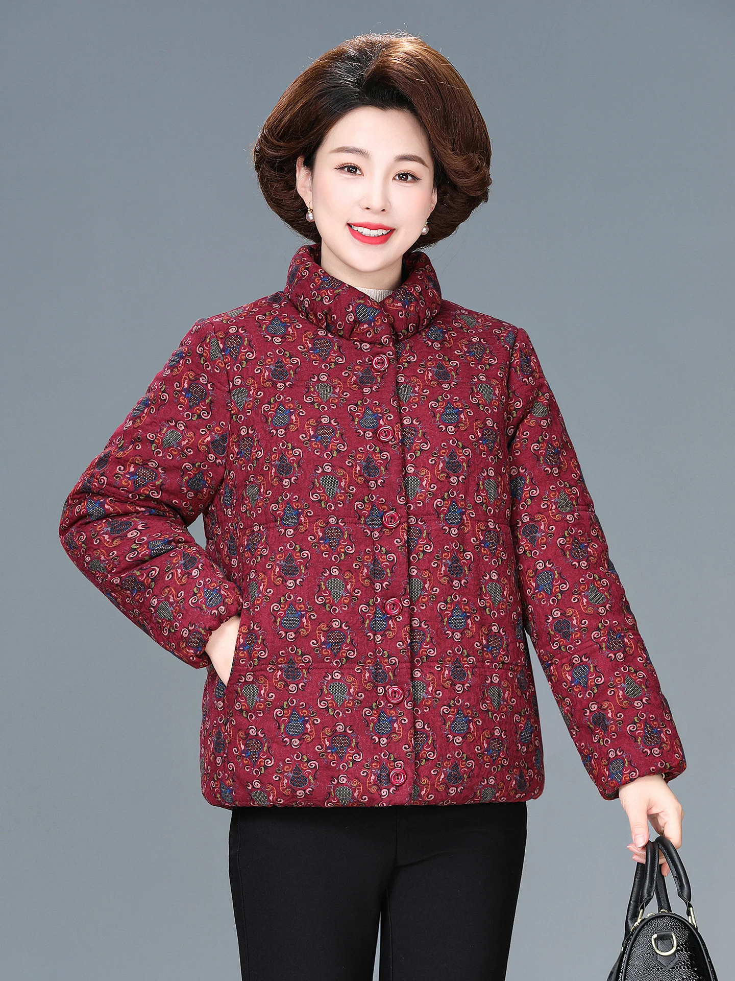 Faionable Ort Pure Cotton Fce Lined Printed Warm Coat For Older Women Button Up Cardigan Sle Thiened Cotton For El...