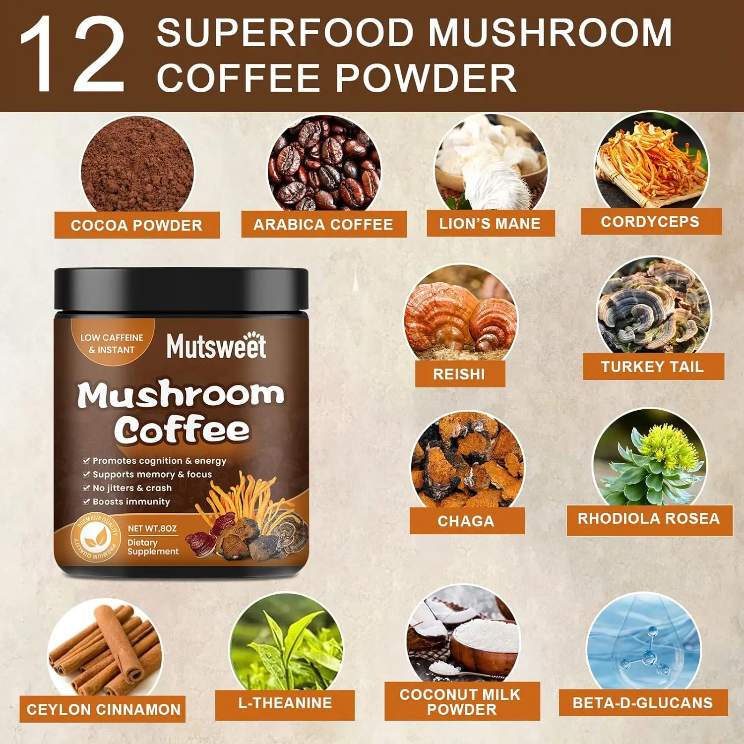 10In1 Lion\'s Mane Mushroom Matcha Coffee with Reishi Cordyceps&turkey Tail-Energy Mental Clarity&focus Brain Booster