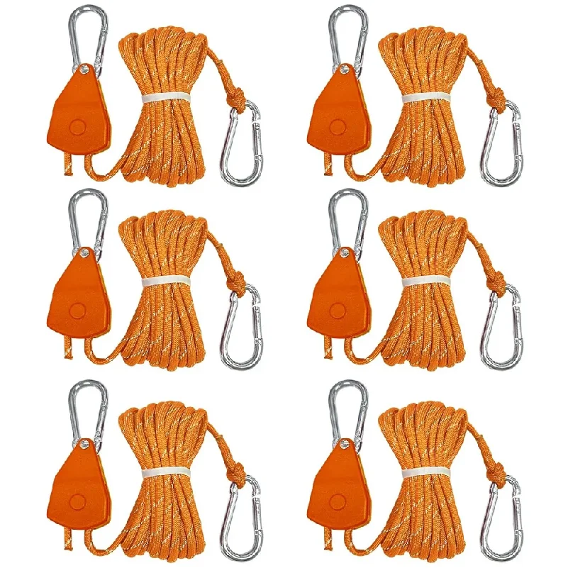 4m 6pcs Reflective Camping Tent Rope Tie Down Fastener Fixed Buckle Pulley Tensioner Ratchet Hangers Awning Wind Rope Outdoor