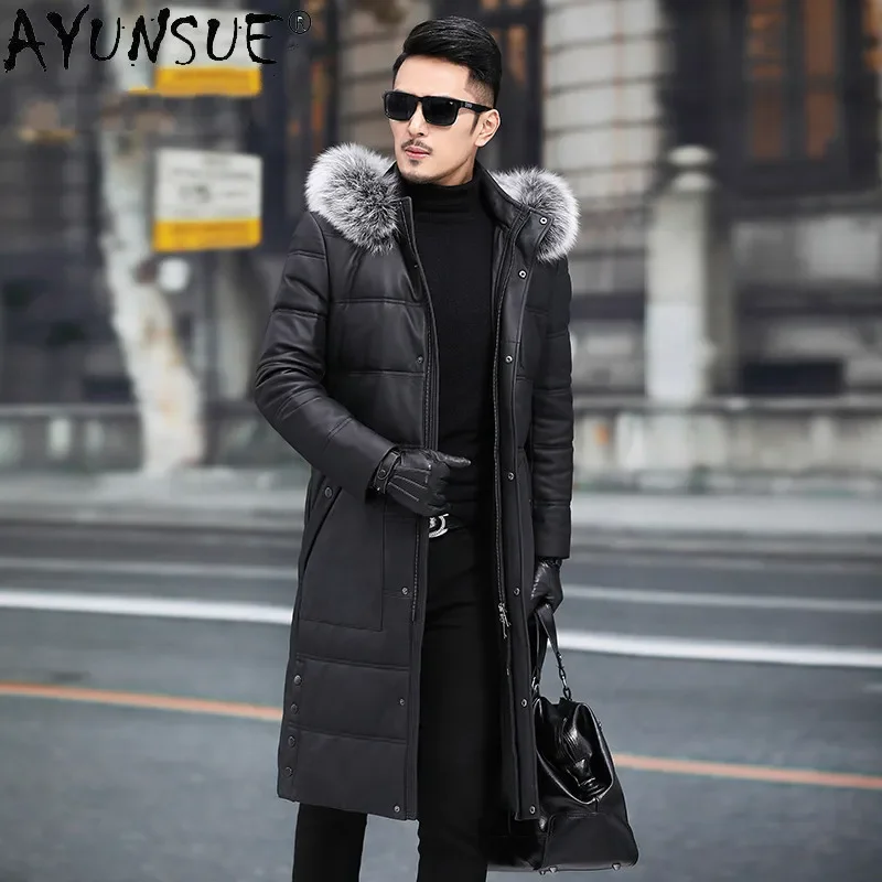 

AYUNSUE Erkekler Parkas Winter Real Sheepskin Leather Jackets for Men Clothing Men's Down Jacket 100% Fox Fur Collar Ropa LXR822