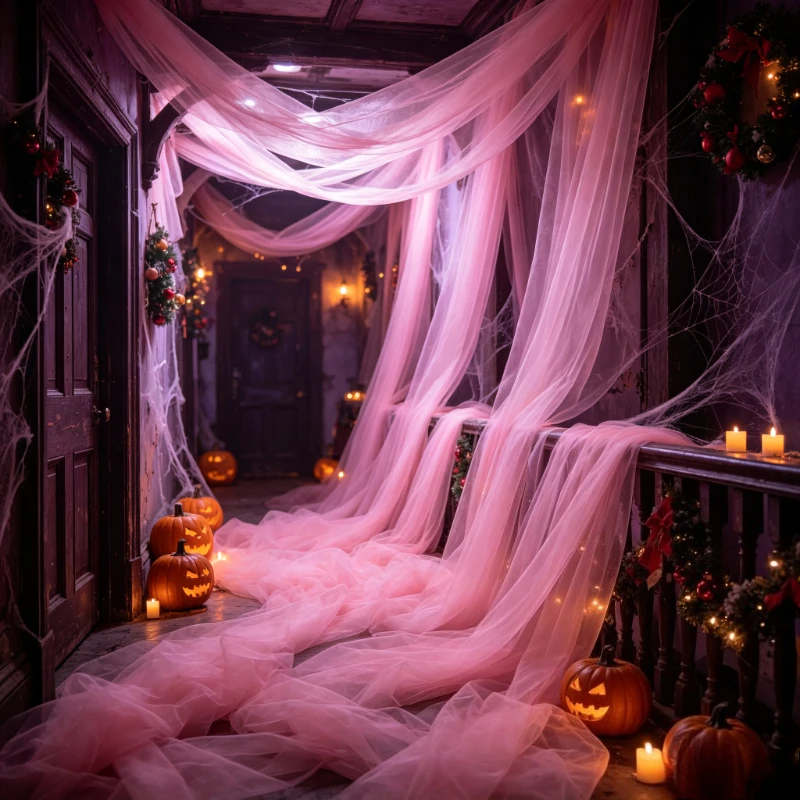 Halloween Pink Sheer Tulle 50m，Black/white Polyester Tulle Draping Fabric for Decor Wedding Christmas Halloween Arch Ghost House