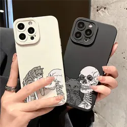 Luxury Funny Cute Skeleton Skull And Cat Case for iPhone SE 2020 7 8 Plus 14 13 12 11 Pro Max X XS XR Soft Silicone Back Covers