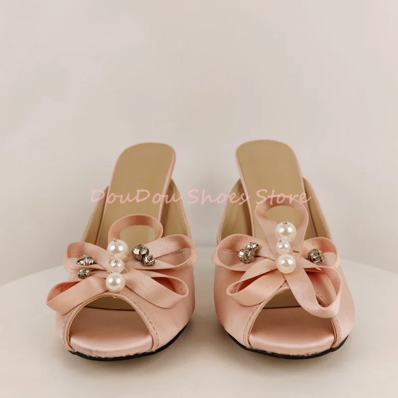 Pink Satin Bow Pearl Rhinestone Decor Mule Slippers Women Peep Toe Slip On Thin Heel Sandals Sexy Wedding Prom Party Dress Shoes view 2