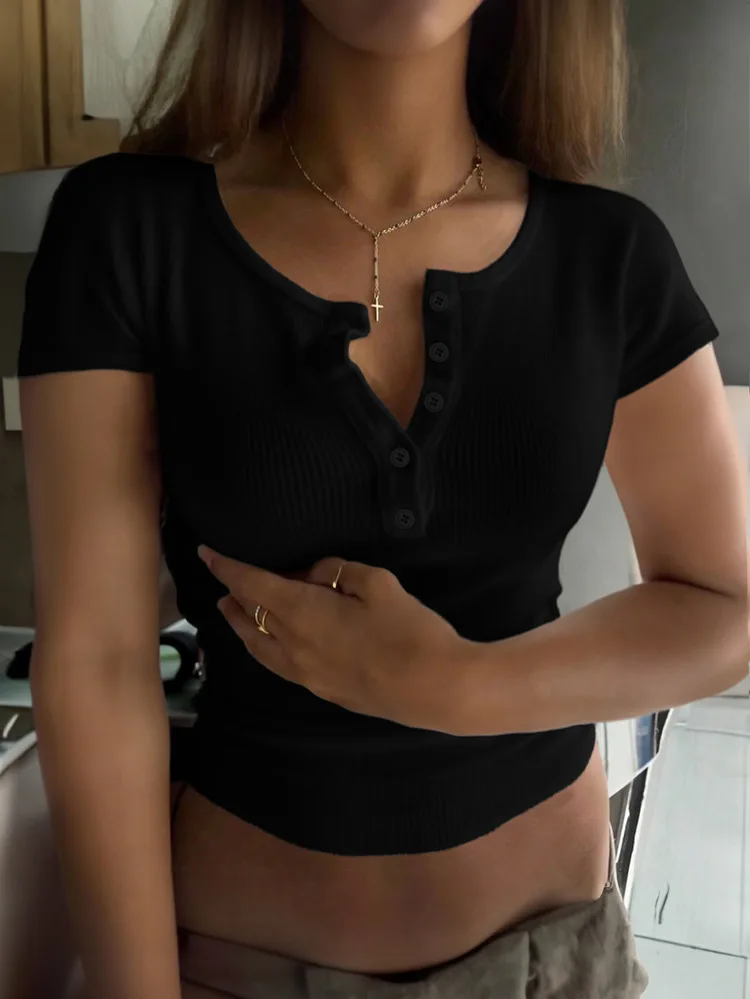 

Women's T-Shirt New U-Neck Short Sleeved Top with Tight Fit and Exposed Navel Short Sleeved T-Shirt Retro Casual Sexy Top