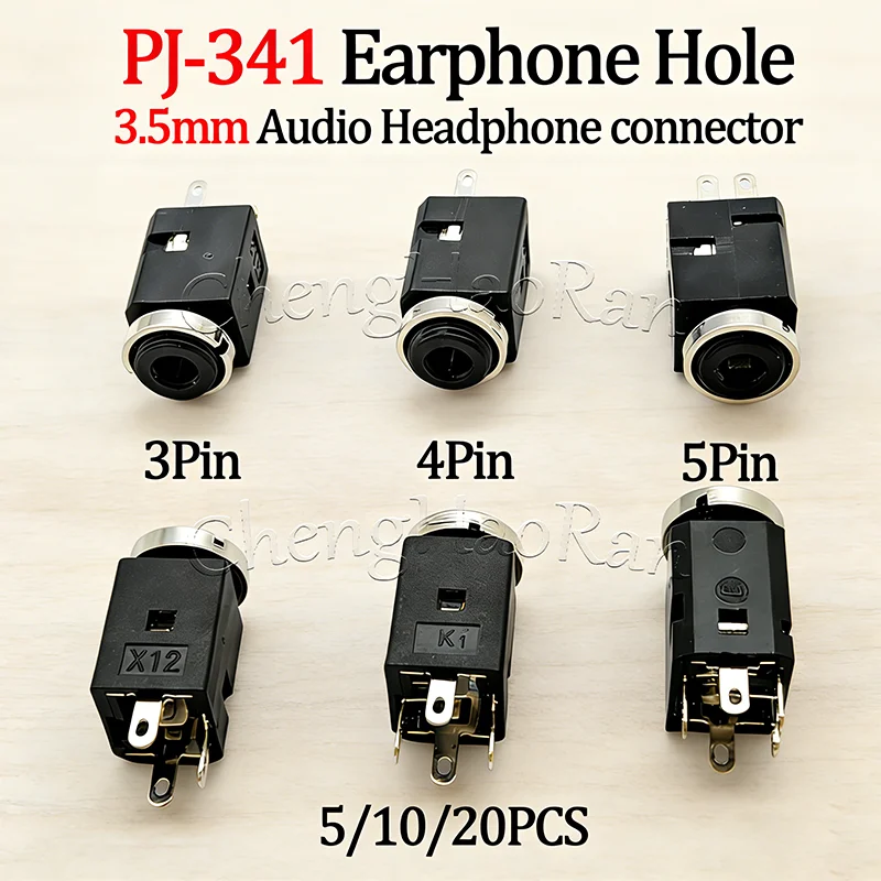 5/10/20PCS 3.5mm 3/4/5 Pin Vertical Socket Female Socket Jack with Screw 3.5 Audio Headphone Connector PJ-341 Earphone Hole