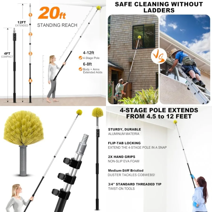 

4-12ft Cobweb Duster with Extension Pole, High Reach Feather Dusters with Bristles for Cleaning Outdoor Indoor, 4-Stage Spider