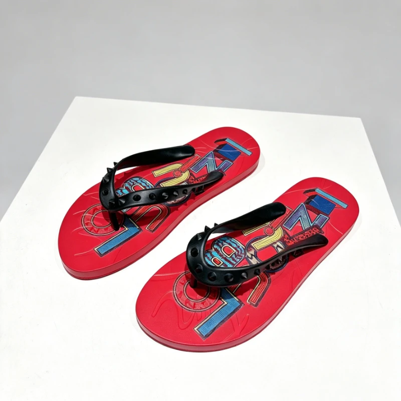 

2026 New Unisex Rivet Flip Flops Colorful Graphic Print Red Sole Non Slip Summer Thong Sandals Beach Casual Outdoor Slippers