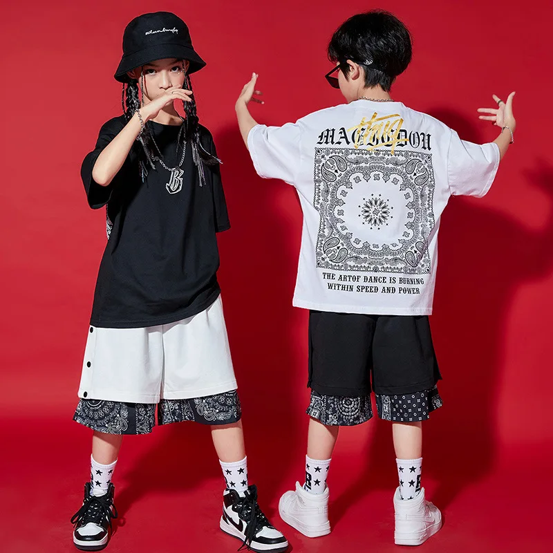 

Girls Hip Hop Sets Back Geometric Print T shirt Edge pattern Shorts Boys Streetwear Kids Ballroom Clothes Child Jazz Costume
