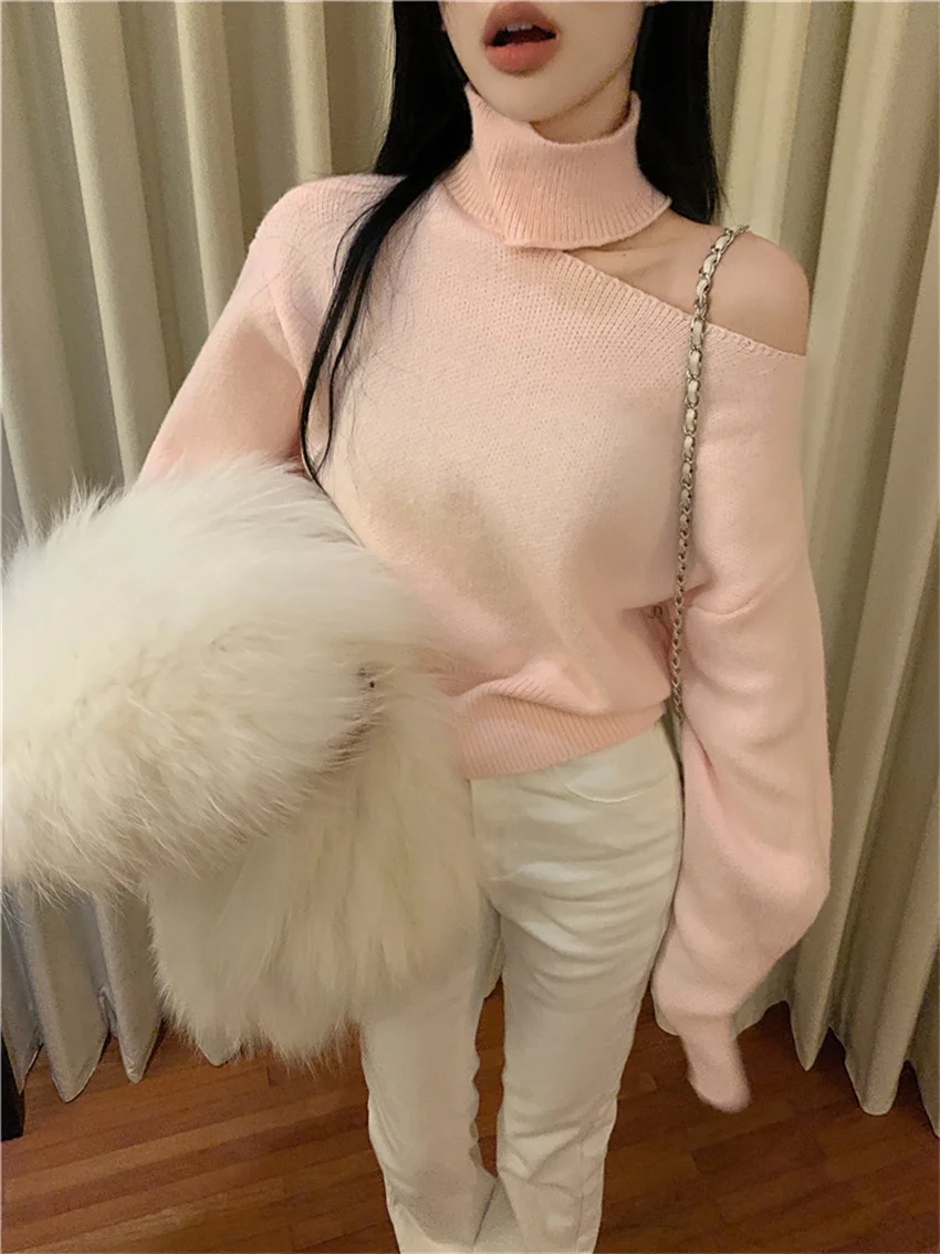 PLAMTEE Pink Sweaters Women Lazy Style Loose Gentle Office Lady Off Shoulders Spring 2024 Knitted Chic Pullovers Elegant