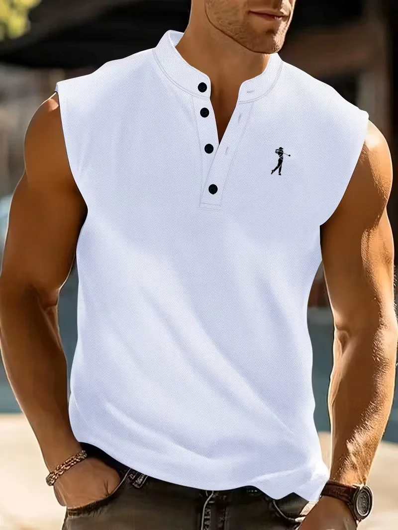 Herren Golf-Print Stehkragen Ärmelloses Henley Tanktop |   Waffelstrick Atmungsaktives Freizeit-Sportshirt