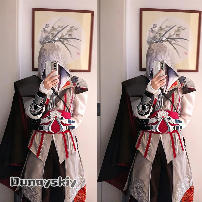 Dunayskiy*Creed Ezio Hot Creedes Cosplay Kostüm Ezioes Assang Connoring Pullover Hose Mantel Halloween Set für Männer und Frauen