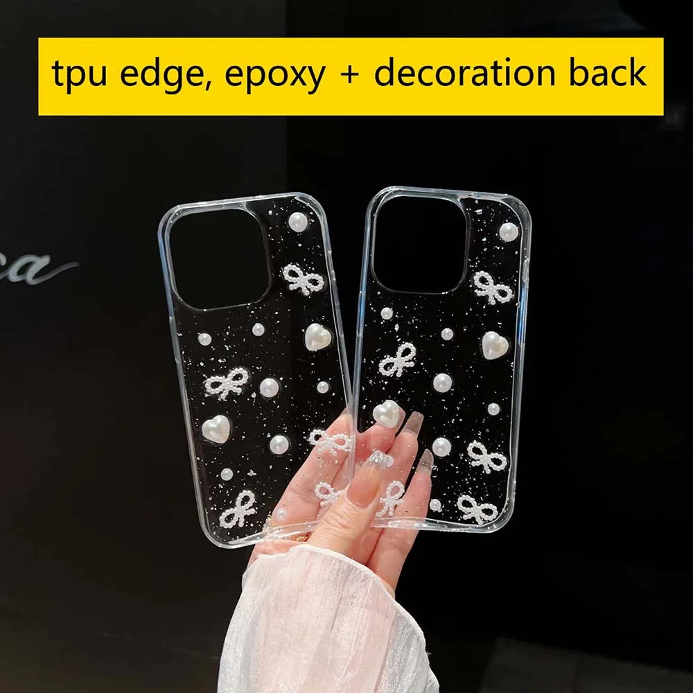 3D Epoxy Bead Butterfly Knot Case For iPhone 16 15 14 13 12 11 Pro Max  Plus Clear Soft TPU Cover Skin