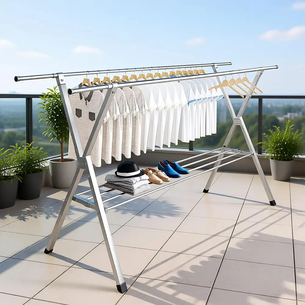 

Двухуровневая сверхпрочная сушилка для белья из нержавеющей стали с 20 ветрозащитными крючками, 84 дюйма, для использования в помещении/на улице