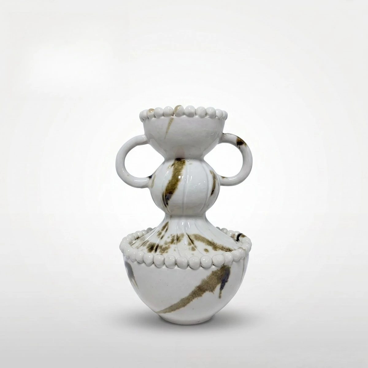 White glaze ink splashing binaural double ball ceramic vase, wabi sandy soft