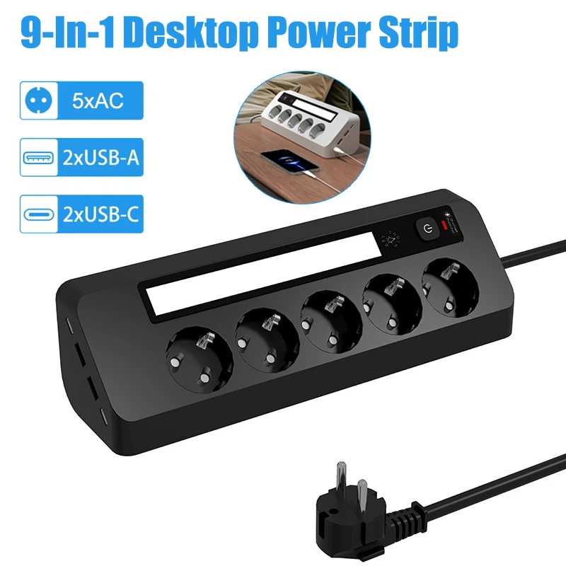 EU Table Corner Socket Multiple Socket with LED Light Power Strip 5 Way Outlets Socket With 2USB 2Type-C Outlets 1.5M Cables