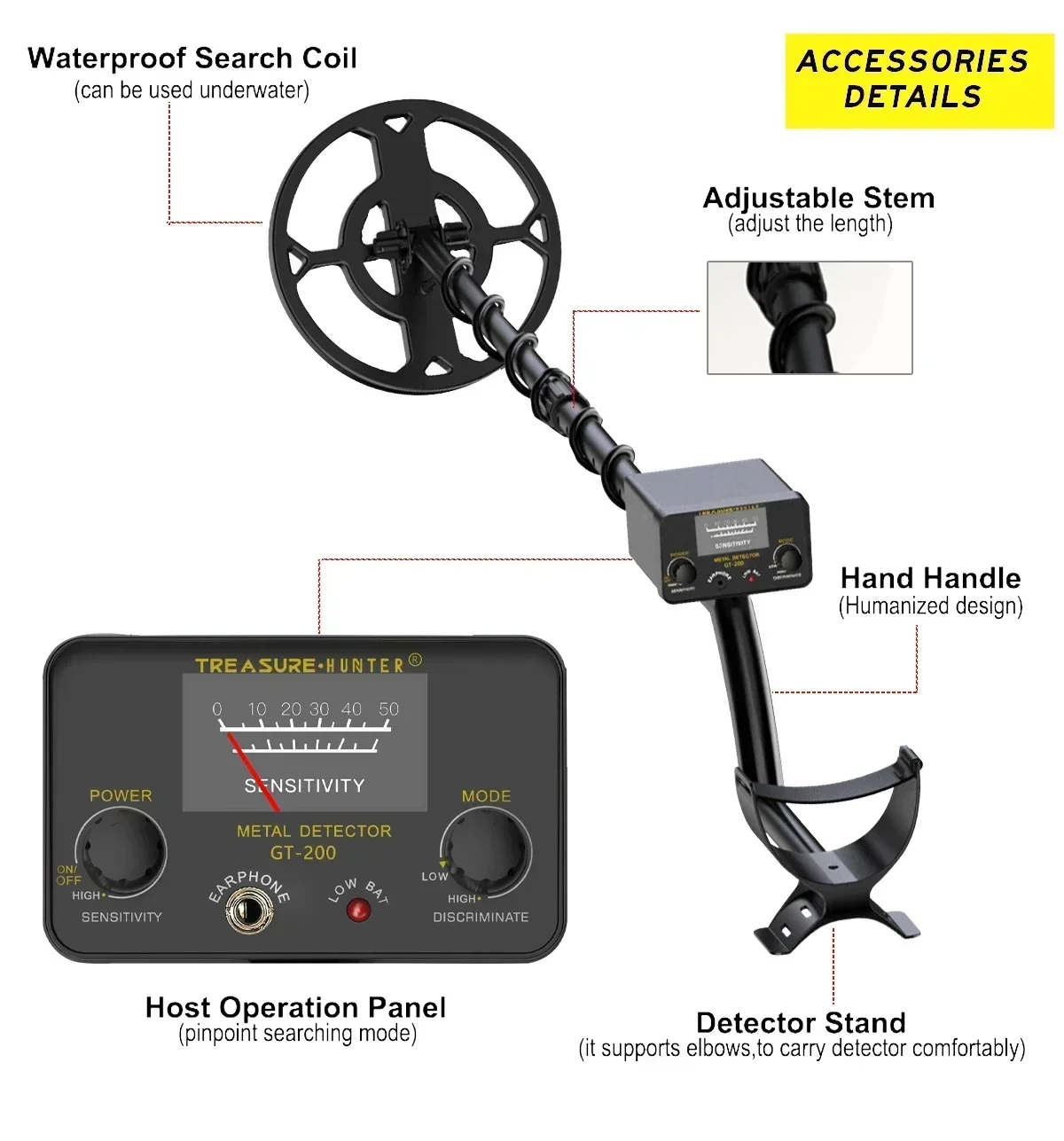 Waterproof Metal Detector GT200 Pinpointer Gold Finder Machine Portable Treasure Hunter Gold Depth Detector with battery