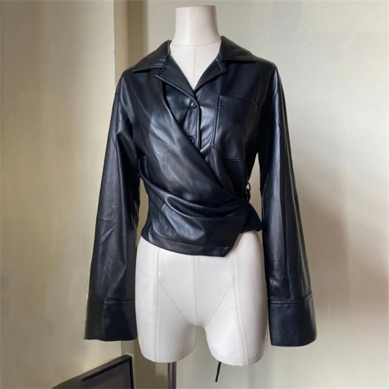 

Women's shirt 2026 Spring new single breasted long sleeved top Asymmetric slim fit Women's blouse Artificial leather thin jacket
