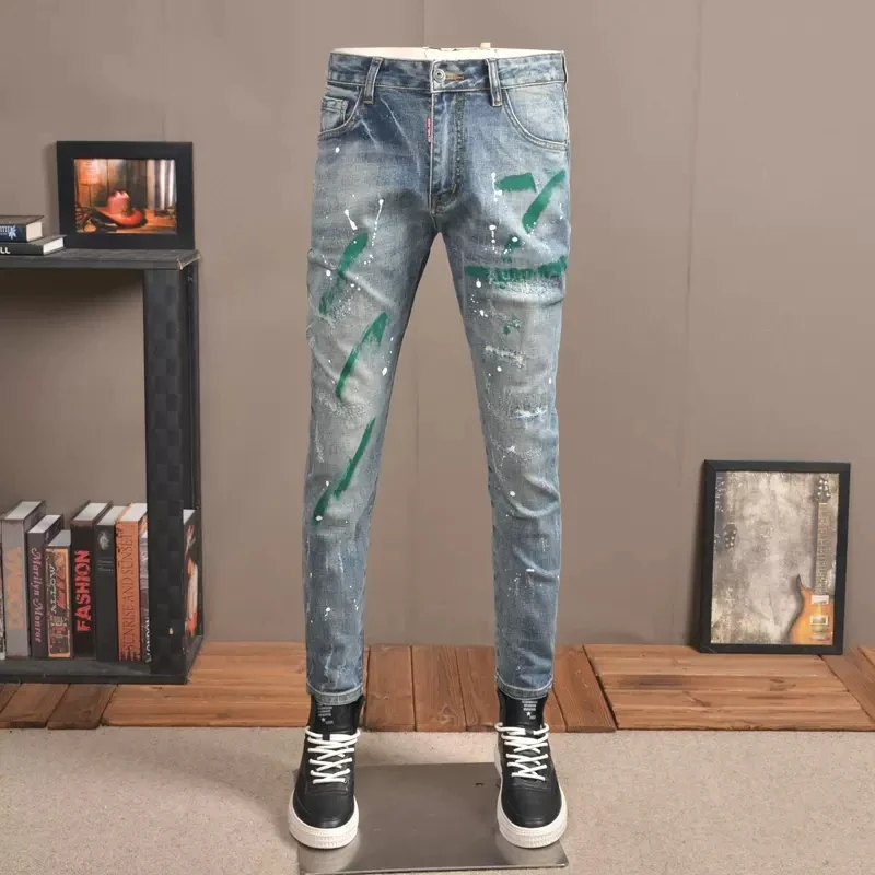 

Autumn Men Light Blue Ripped Jeans Streetwear Casual Slim Fit Pencil Pants Fashion Graffiti Printed Patch Denim Trousers CP2020