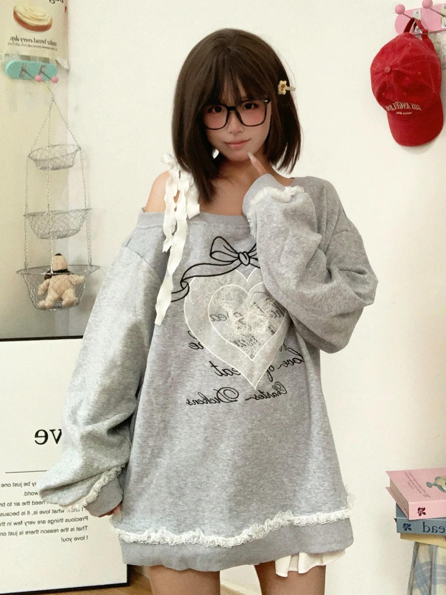 Stitch Ruched Lace Up Bow Gray One Off Shoulder Loose Sweatshirts Women's Hoodies y2k clothing fall winter harajuku 2000s korean