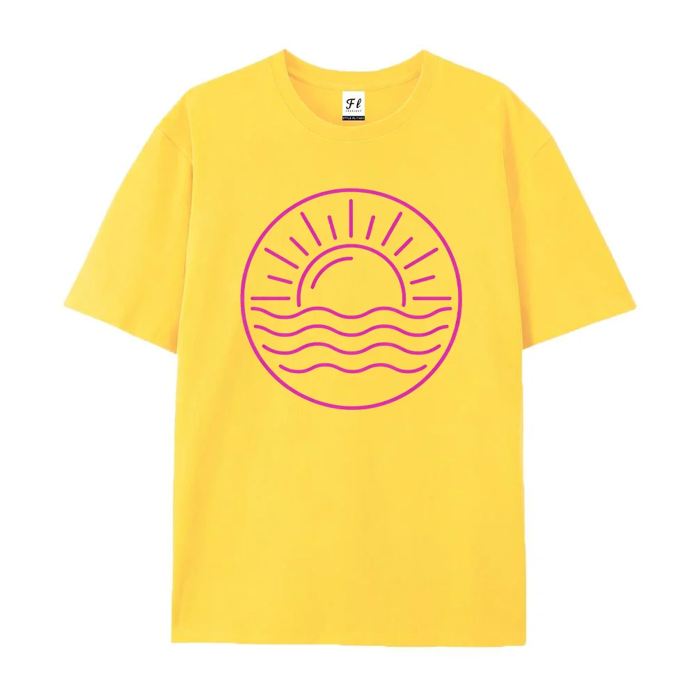 Women T Shirt Beach Sun Water Wave Linear Print Short Sleeve Cotton Summer Casual Loose Tee Tops Female Apparel