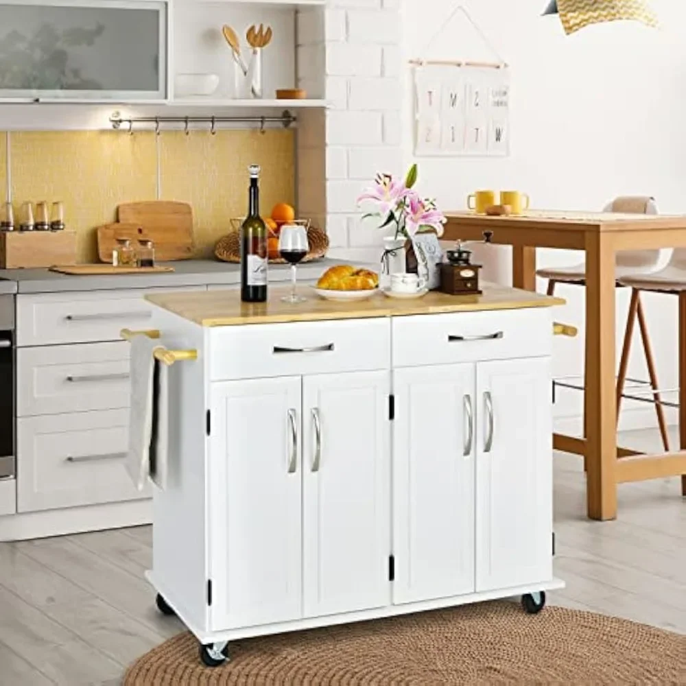 Conveniently Drops Down, Large Rolling Kitchen Island Cart Modern Portable Trolley Cabinet Furniture