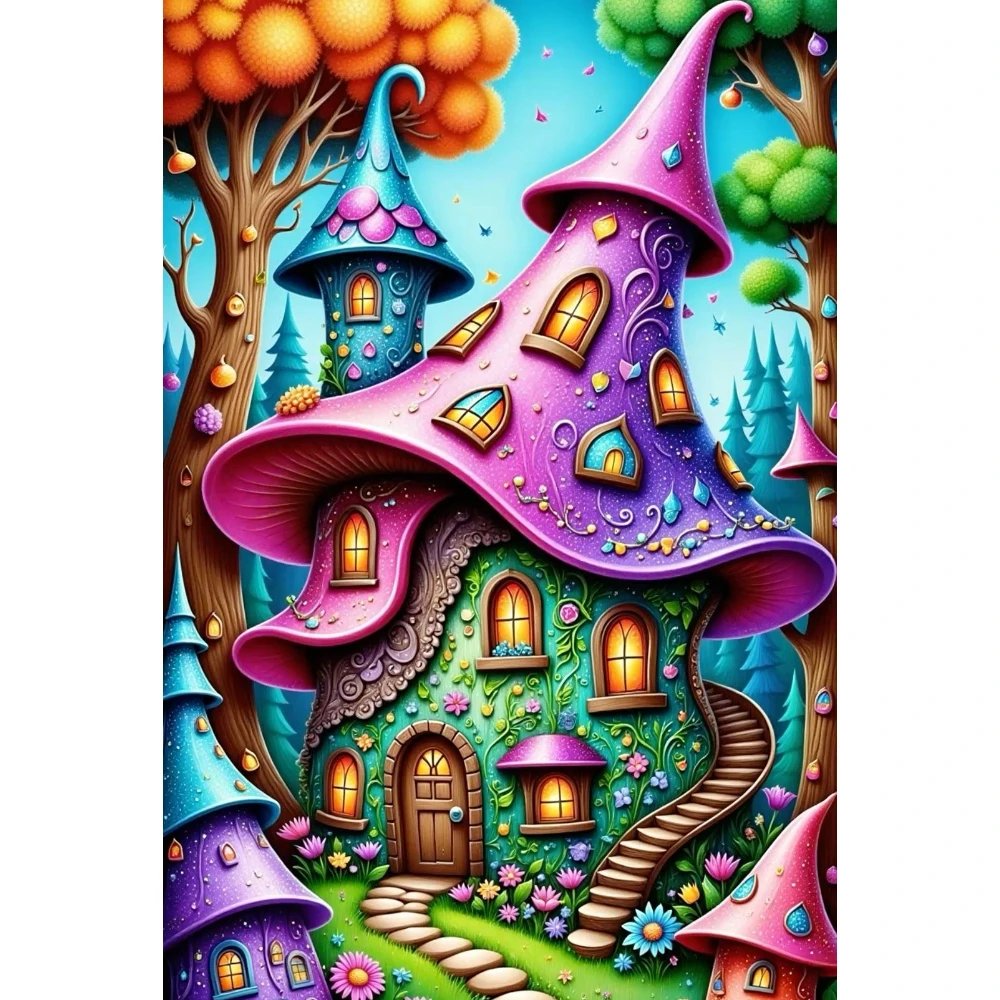 

500/1000/1200/2000 PCS Jigsaw Puzzles Cute Fantasy Mushroom House Family Activity Relaxing Games for Living Room Home Decor Gift
