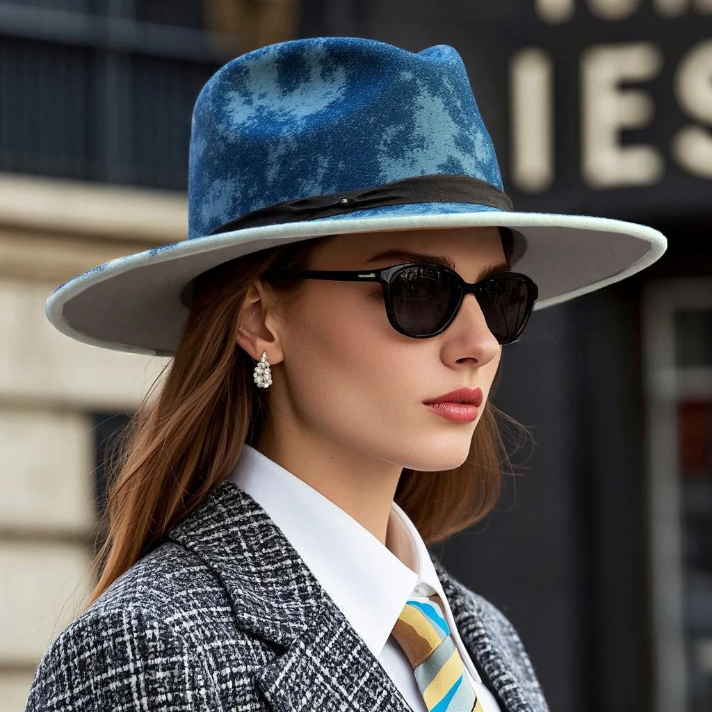 Women Handmade Wide Brim Hand Draw Fedora Hat Lady Blue Jazz Trilby Fascinator Pop Church Adjustable Size