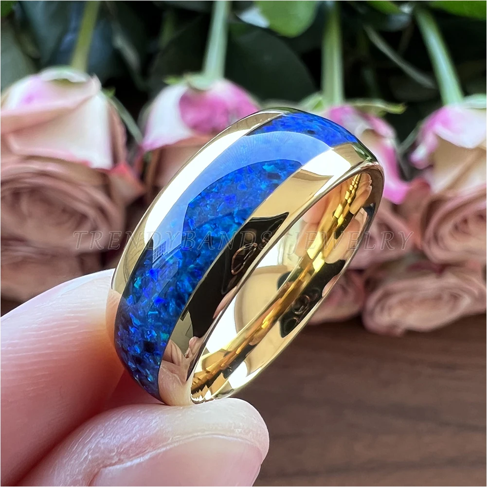 6 mm 8 mm Ringe für Männer und Frauen, Wolfram-Ehering, Modeschmuck, blaue Opal-Inlay, gewölbt, poliert, glänzend, bequeme Passform – Detail 13