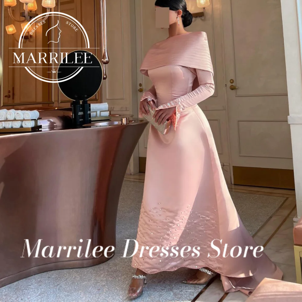 Marrile Customized Crystal Solid Color Sweep Train Flare Sleevs Satin Off Shoulder Ladies Gowns For Special Occasion Maternity