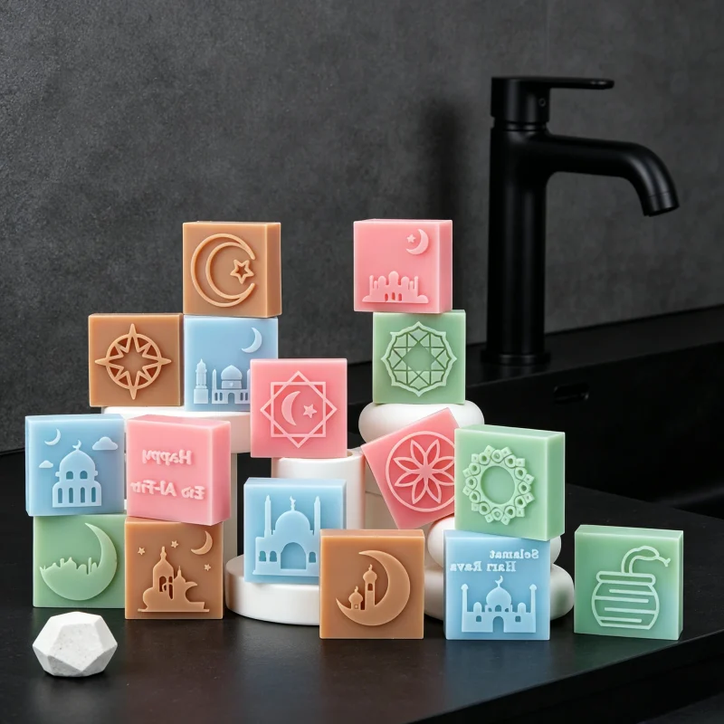Moon Mosque Pattern Soap Mold Rectangle Ramadan Silicone Candle Mold Arabic Character Building Muslim Eid Fondant Cake Decor