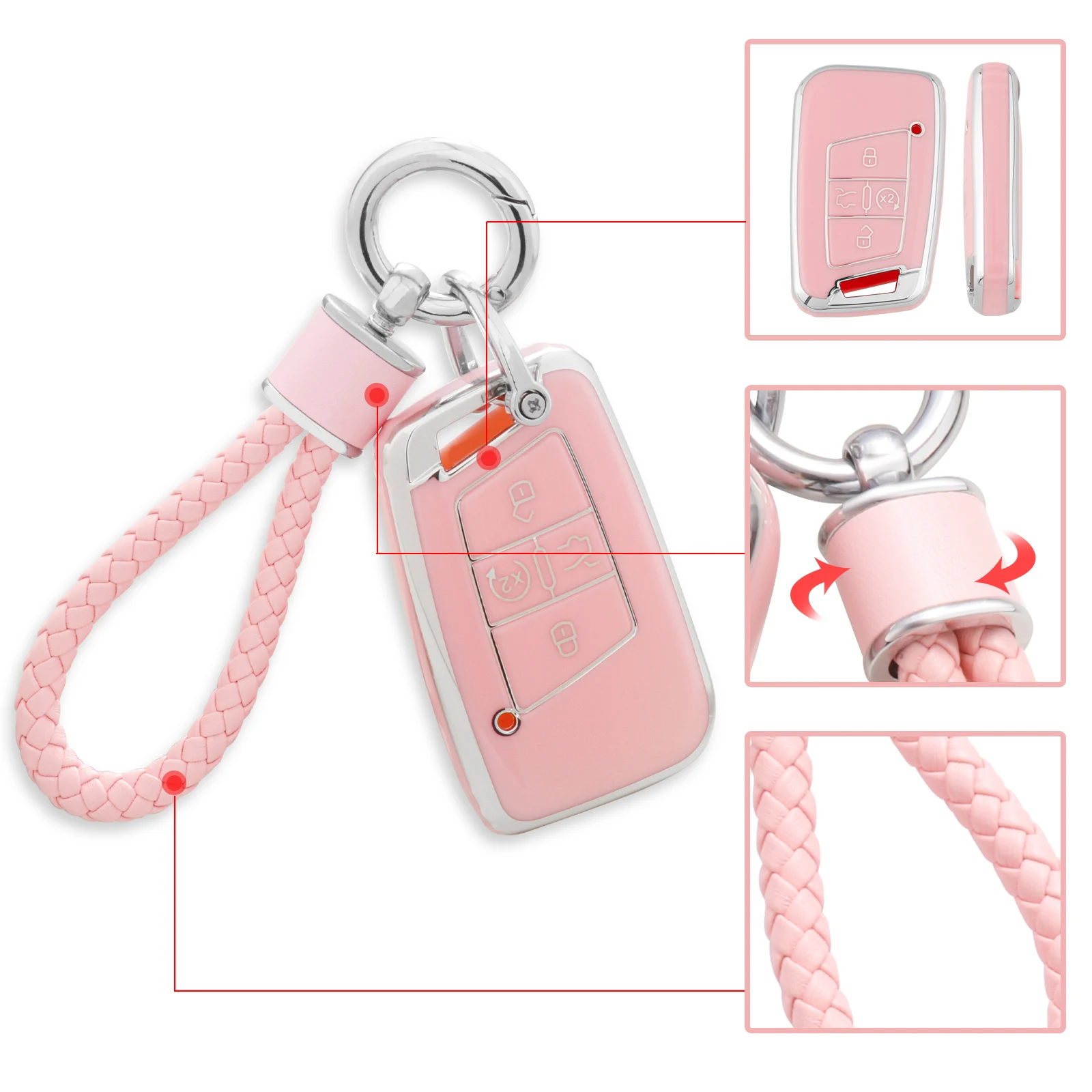 for VW Volkswagen Key Fob Cover with Keychain, Pink Soft TPU Key Case Protection Fit for Tiguan Atlas Jetta Passat Golf Alltrack