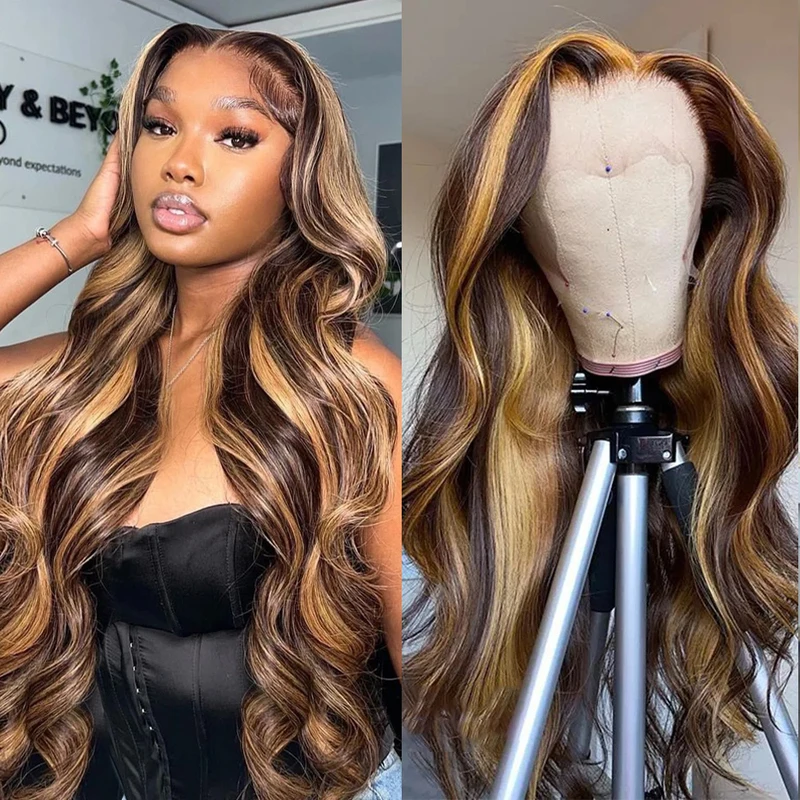 Perruque Lace Front Wig Body Wave brésilienne Remy naturelle ombrée, 13x6, 34 pouces, 4/27, pour femmes