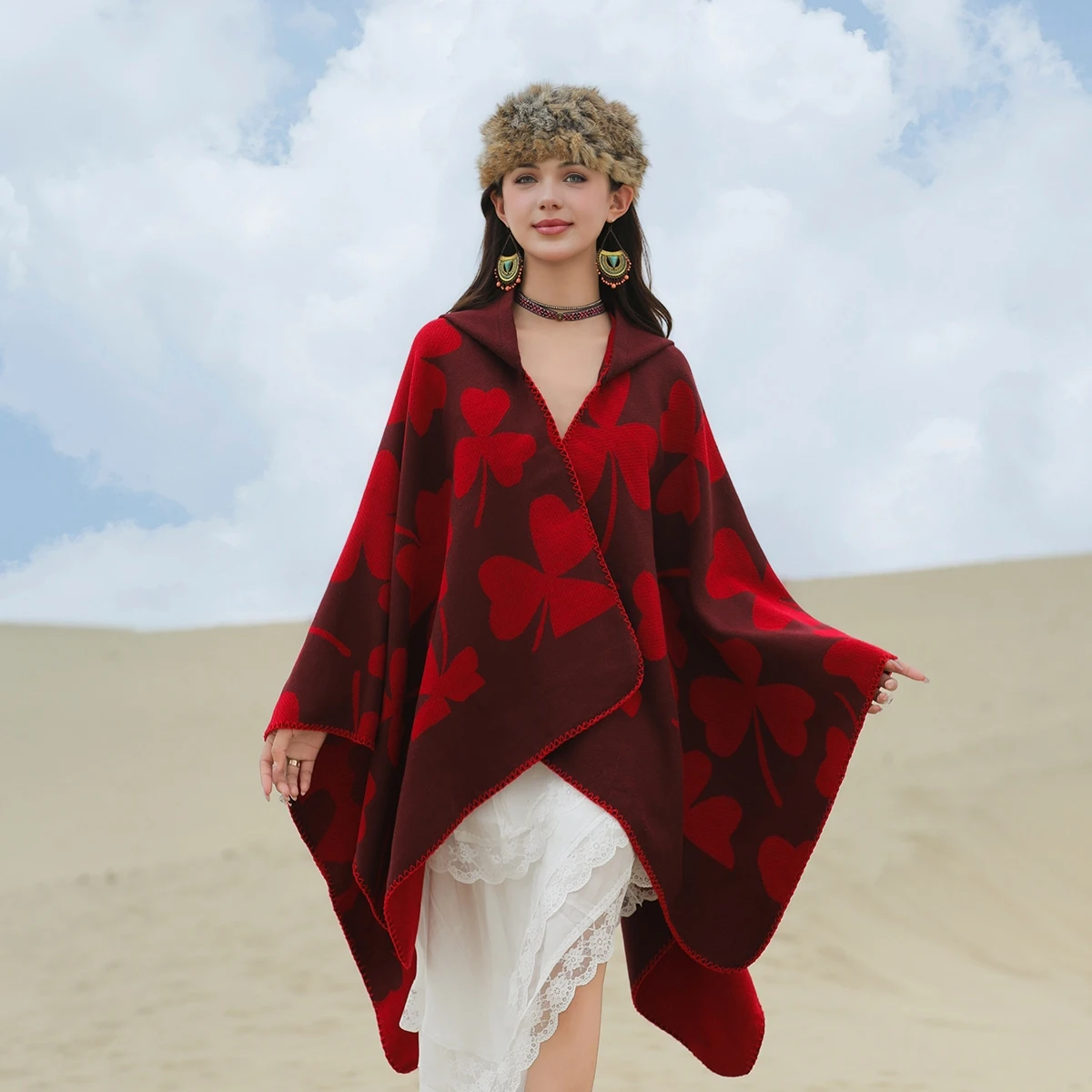 1 women's three leaf flower patterned hooded cape for travel, carrying a cold resistant shawl.