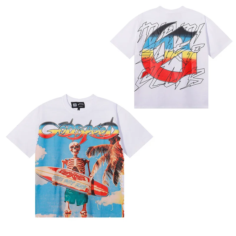 

Godspeed Summer Streetwear Casual Loose Cotton Skull Surfboard Beach Sle ort Sve T-irt ex Breathable Comfortable