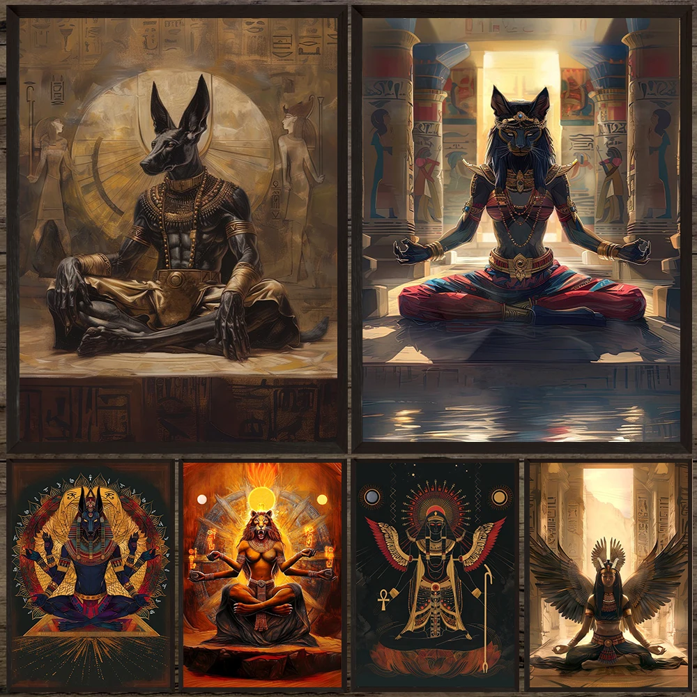 Meditating Egyptian Deity,Occult Wall Art Canvas Painting,Anubis,Bastet,Sekhmet,Meditating Goddess Witchcraft Art Poster Print