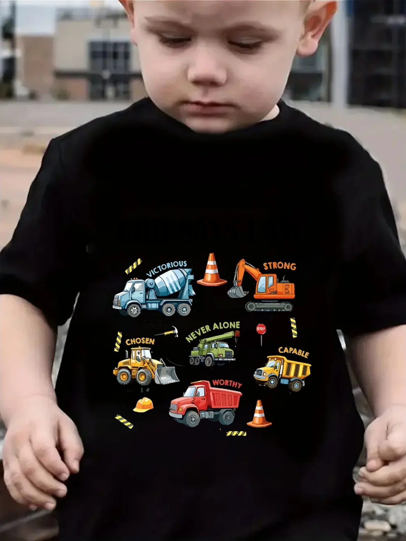 Construction Vehicles Inspirational Letter Art Graphic Print Family Matching Short Sleeve Tee Boys Girls Kids Casual Daily Tops